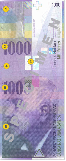 1000 Swiss francs security features - Front
