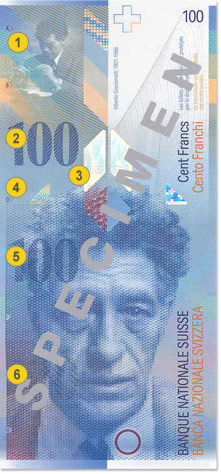 100 Swiss francs security features - Front