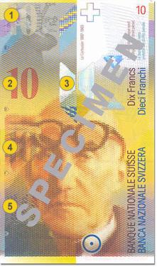 10 Swiss francs security features - Front