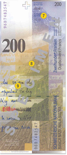 200 Swiss francs security features - Back
