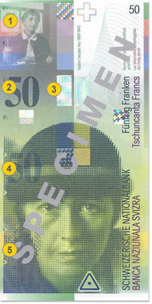 50 Swiss francs security features - Front
