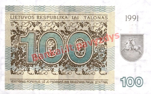 100 Talonų banknoto priekinė pusė