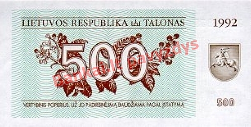 500 Talonų banknoto priekinė pusė