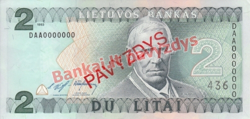 2 Litų banknoto priekinė pusė