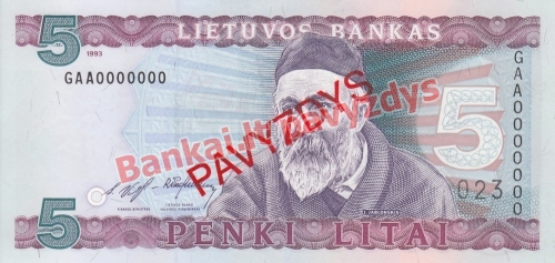 5 Litų banknoto priekinė pusė