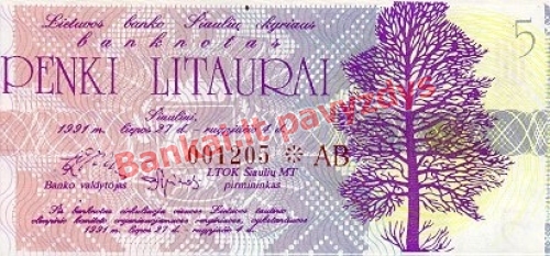 5 Litaurų banknoto priekinė pusė