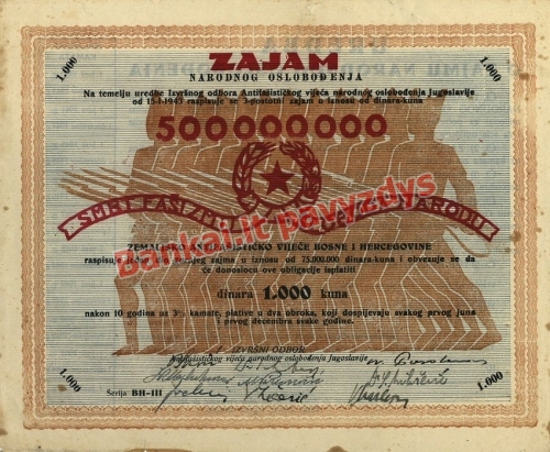 1000 Kuna Dinara banknoto priekinė pusė
