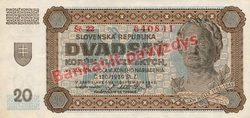 20 Korunų banknoto priekinė pusė