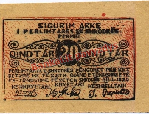 20 Kindtarų banknoto priekinė pusė
