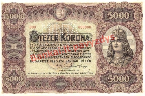 5000 Koronų banknoto priekinė pusė