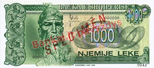 1000 Lekų banknoto priekinė pusė