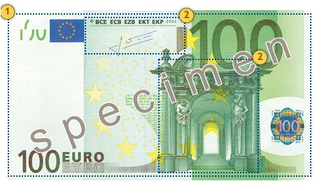 Apčiuopkite 100 eurų, apsaugos požymiai 