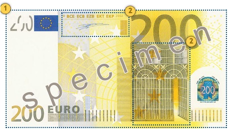 Apčiuopkite 200 eurų, apsaugos požymiai