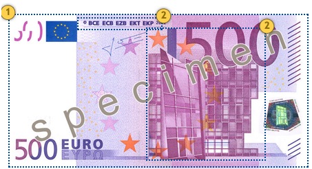 Apčiuopkite 500 eurų, apsaugos požymiai