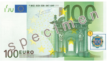 Pakreipkite 100 eurų, apsaugos požymiai