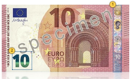 Naujasis 10 eurų banknotas. Pakreipkite.