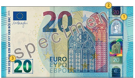 Naujas 20 eurų banknotas. Pakreipkite.