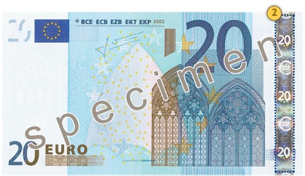20 eurų banknotas. Pakreipkite.