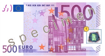 Pakreipkite 500 eurų, apsaugos požymiai