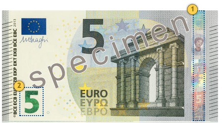Najasis 5 eurų banknotas. Pakreipkite.