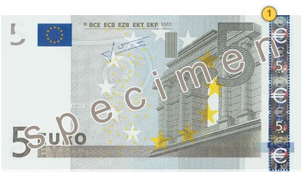 Senieji 5 eurų banknotai. Pakreipkite.