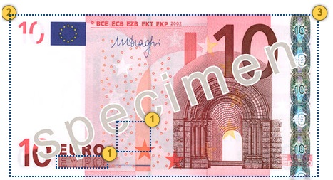 Senasis 10 eurų banknotas. Papildomi požymiai.