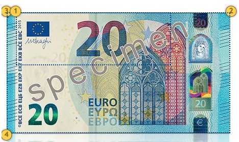 Naujas 20 eurų banknotas. Papildomi požymiai.