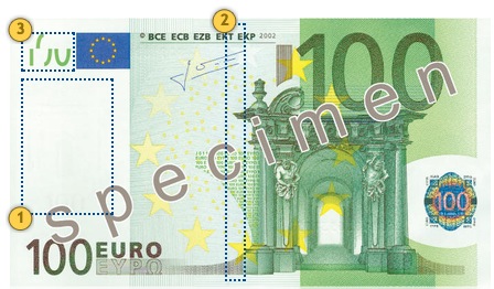 Peržvelkite 100 eurų, apsaugos požymiai