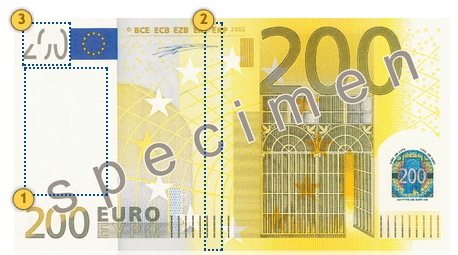 Pažvelkite 200 eurų, apsaugos požymiai