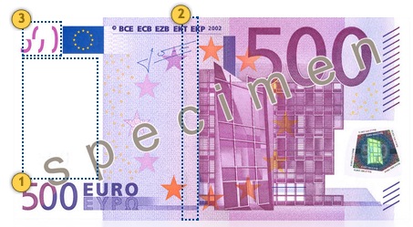 Pažvelkite 500 eurų, apsaugos požymiai